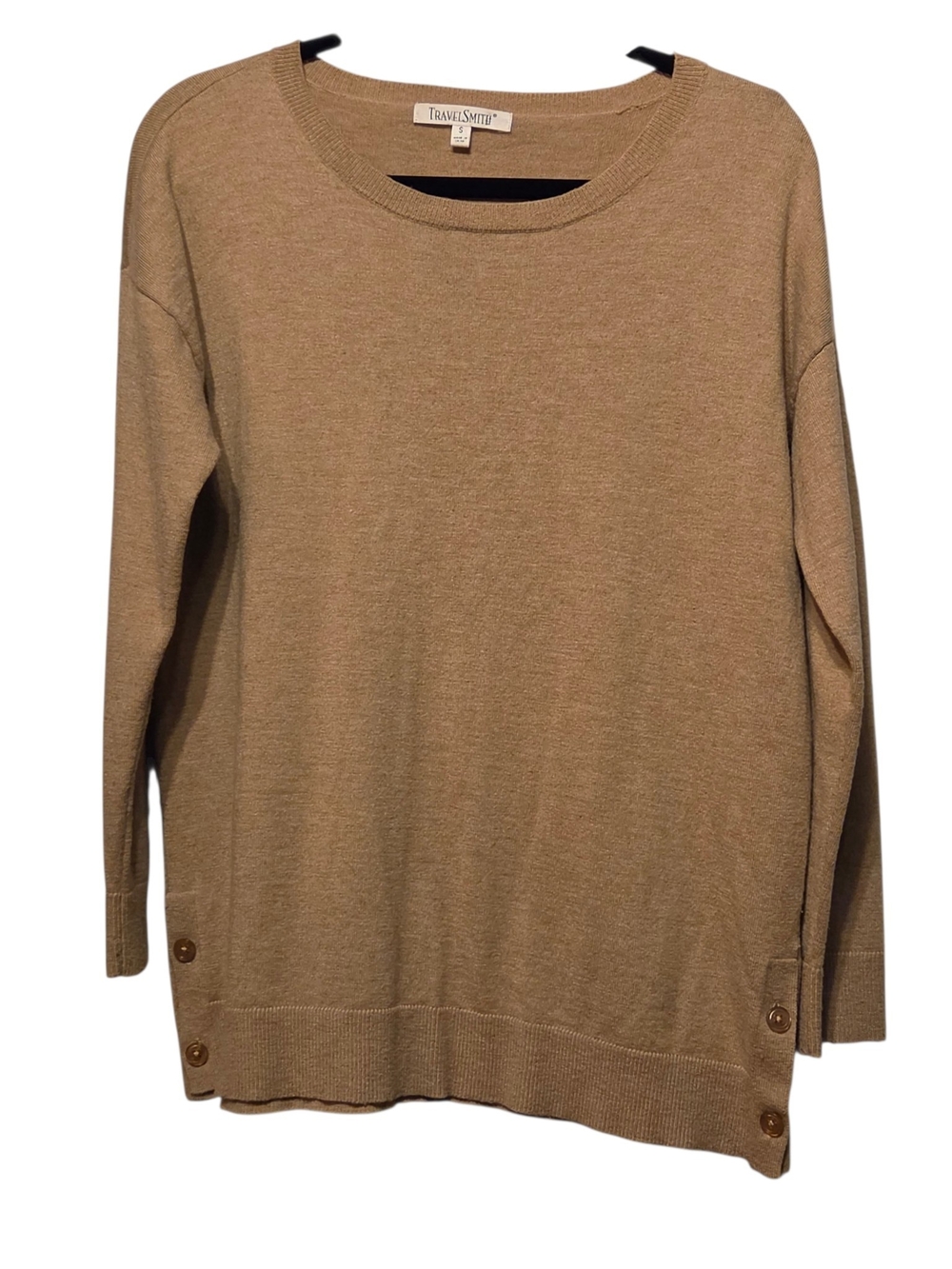 TravelSmith Tan Merino Wool Blend Button-Hem Crewneck Sweater Womens Small